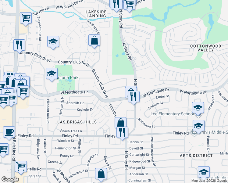 map of restaurants, bars, coffee shops, grocery stores, and more near 2342 Hill N Dale Drive in Irving