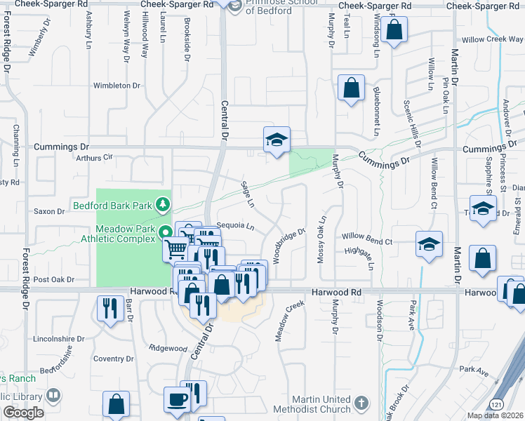 map of restaurants, bars, coffee shops, grocery stores, and more near 2208 Sage Lane in Bedford