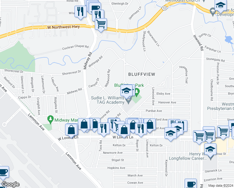 map of restaurants, bars, coffee shops, grocery stores, and more near 4512 Bluffview Boulevard in Dallas
