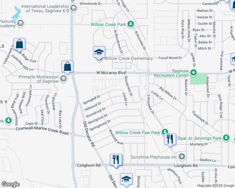 map of restaurants, bars, coffee shops, grocery stores, and more near 1036 Hillwood Drive in Saginaw