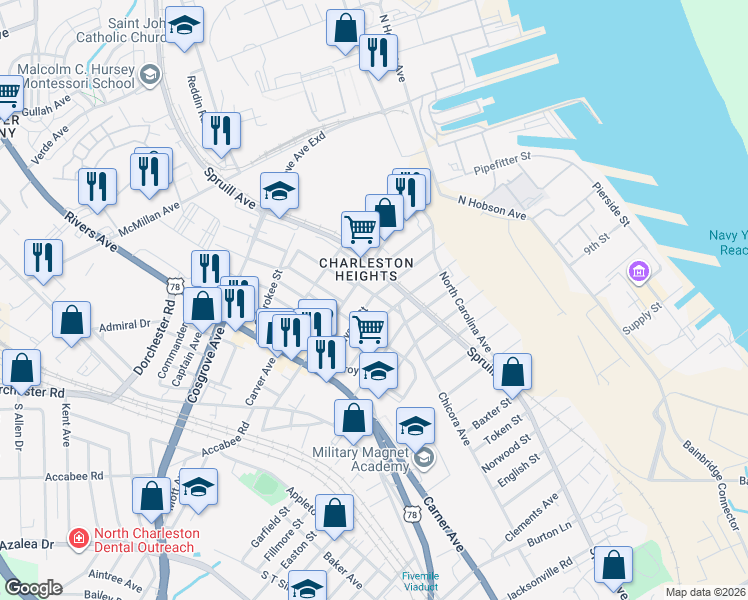 map of restaurants, bars, coffee shops, grocery stores, and more near 1914 Grayson Street in North Charleston