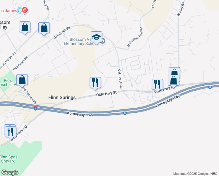 map of restaurants, bars, coffee shops, grocery stores, and more near 15379 Oak Creek Road in El Cajon