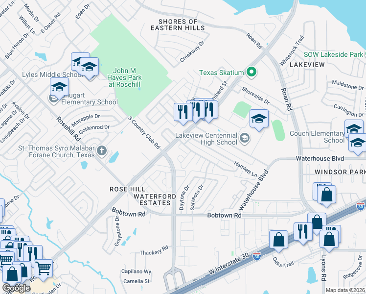 map of restaurants, bars, coffee shops, grocery stores, and more near 3010 Capstone Lane in Garland