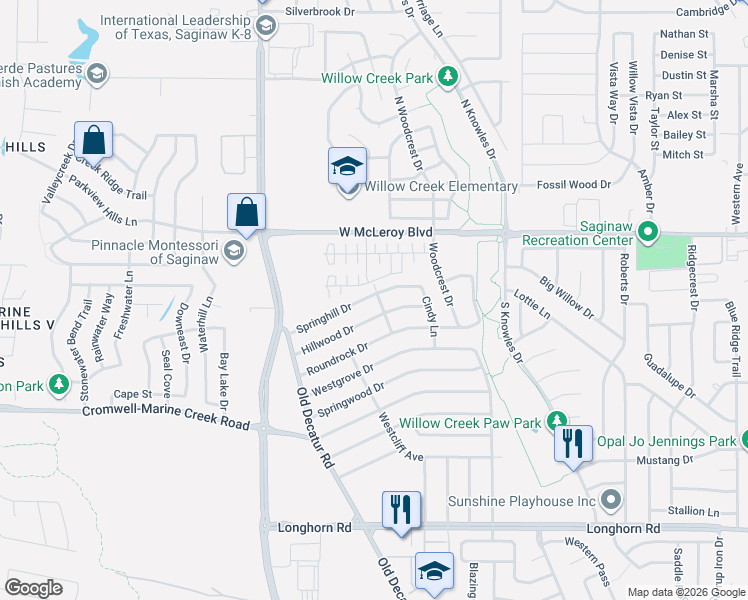 map of restaurants, bars, coffee shops, grocery stores, and more near 1057 Springhill Drive in Saginaw