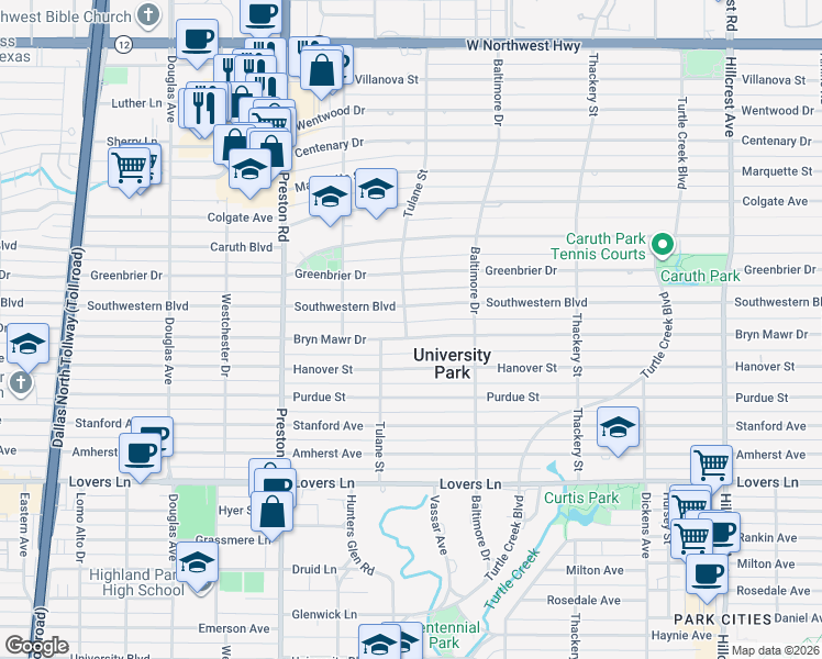 map of restaurants, bars, coffee shops, grocery stores, and more near 3900 Bryn Mawr Drive in Dallas