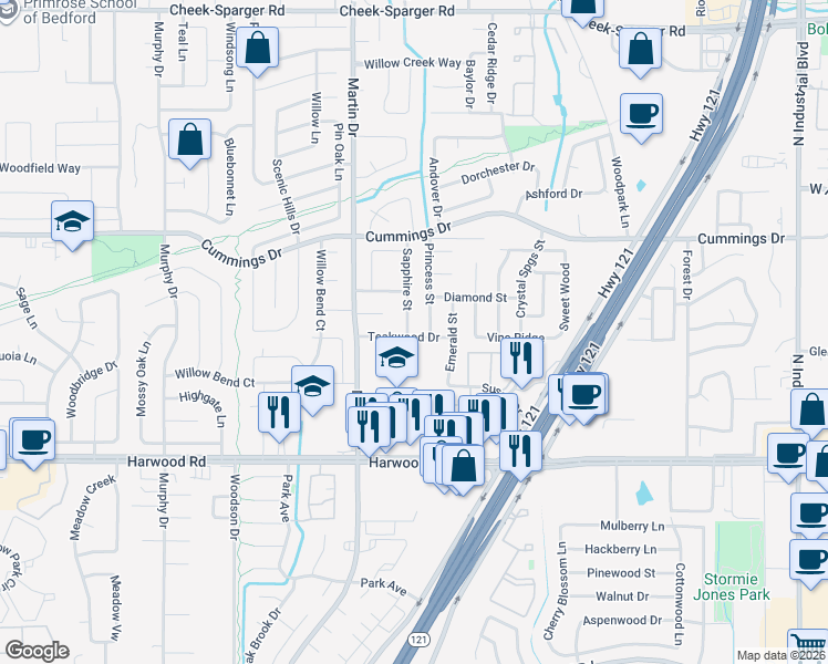 map of restaurants, bars, coffee shops, grocery stores, and more near 3201 Princess Street in Bedford