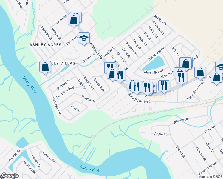 map of restaurants, bars, coffee shops, grocery stores, and more near 4307 Helene Drive in North Charleston