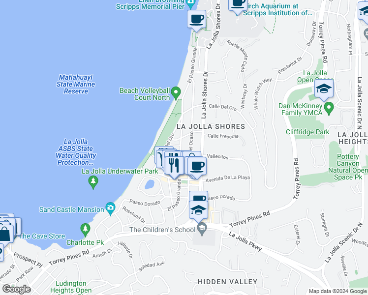 map of restaurants, bars, coffee shops, grocery stores, and more near 8253 El Paseo Grande in San Diego