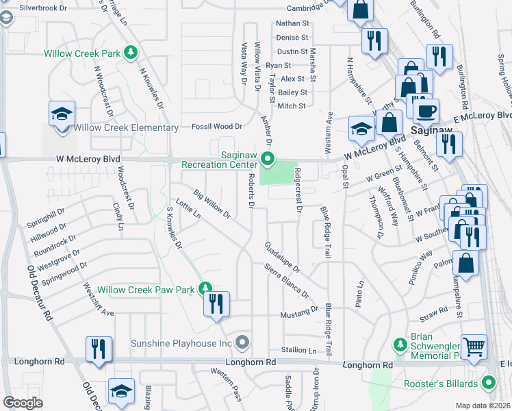 map of restaurants, bars, coffee shops, grocery stores, and more near 152 Roberts Drive in Saginaw