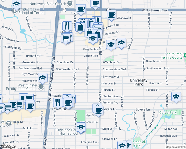 map of restaurants, bars, coffee shops, grocery stores, and more near 4120 Bryn Mawr Drive in Dallas