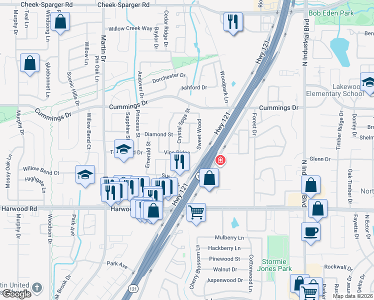 map of restaurants, bars, coffee shops, grocery stores, and more near 3409 Vine Ridge in Bedford