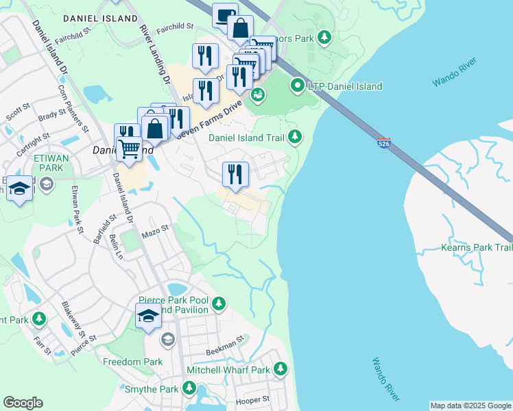 map of restaurants, bars, coffee shops, grocery stores, and more near 101 River Landing Drive in Charleston