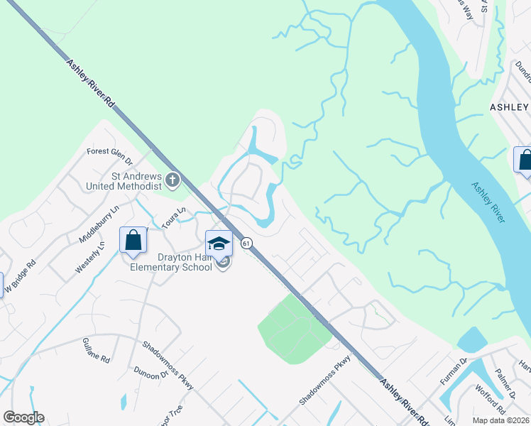 map of restaurants, bars, coffee shops, grocery stores, and more near 3173 Hagerty Drive in Charleston