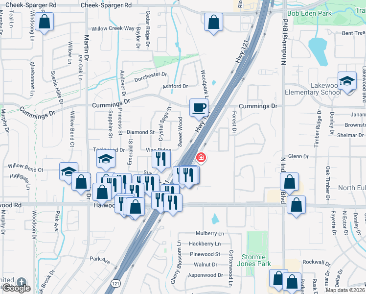 map of restaurants, bars, coffee shops, grocery stores, and more near 3432 Vine Ridge in Bedford