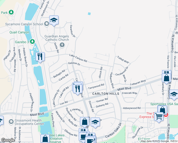 map of restaurants, bars, coffee shops, grocery stores, and more near 9477 Ronnie Court in Santee