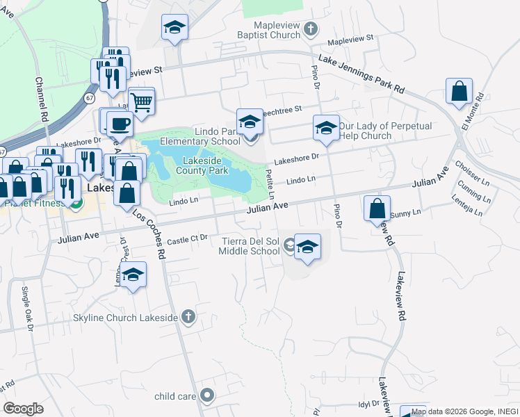 map of restaurants, bars, coffee shops, grocery stores, and more near Julian Avenue in San Diego County