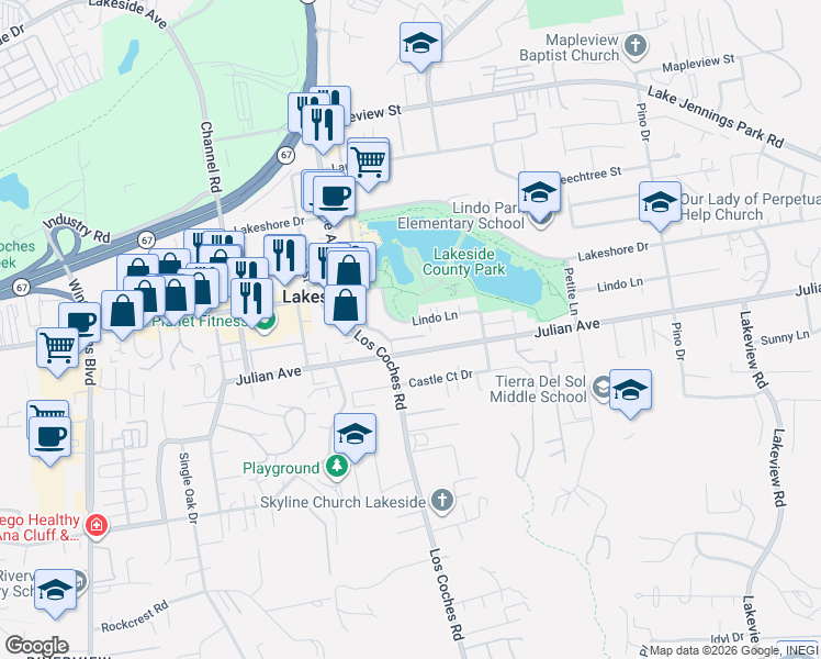 map of restaurants, bars, coffee shops, grocery stores, and more near 12617 Lindo Lane in Lakeside