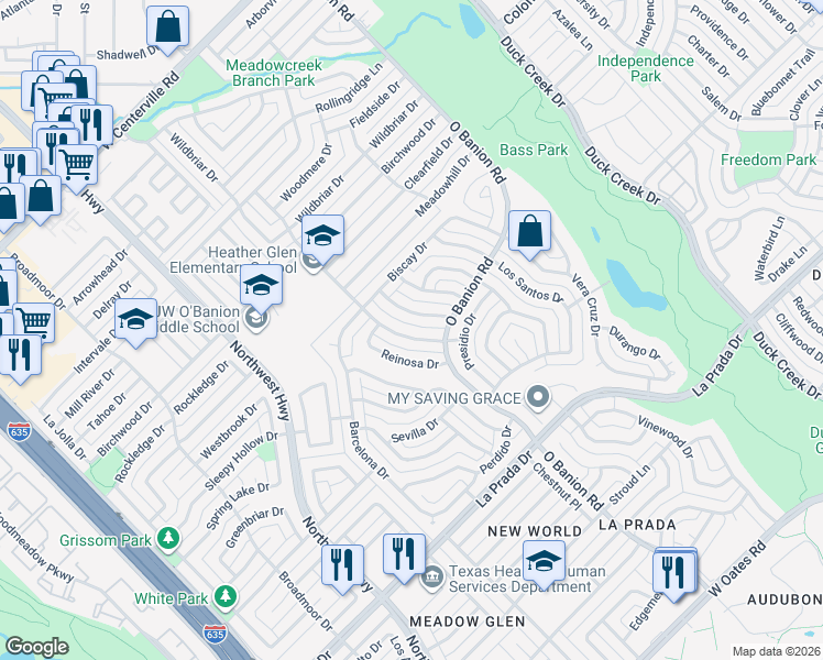 map of restaurants, bars, coffee shops, grocery stores, and more near 5338 Heather Glen Drive in Garland