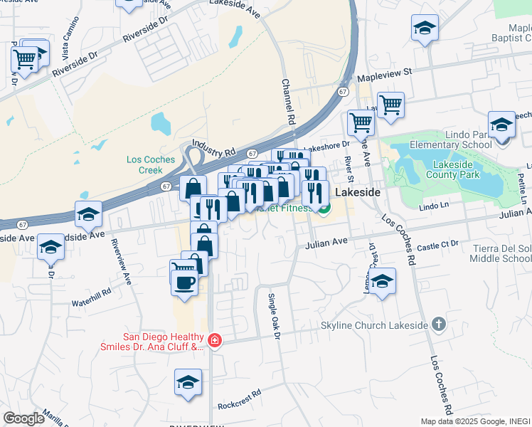 map of restaurants, bars, coffee shops, grocery stores, and more near 12243 Woodside Avenue in Lakeside