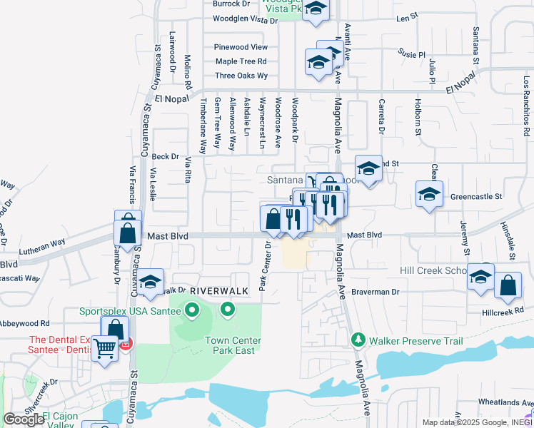 map of restaurants, bars, coffee shops, grocery stores, and more near 100 Caspi Gardens Drive in Santee