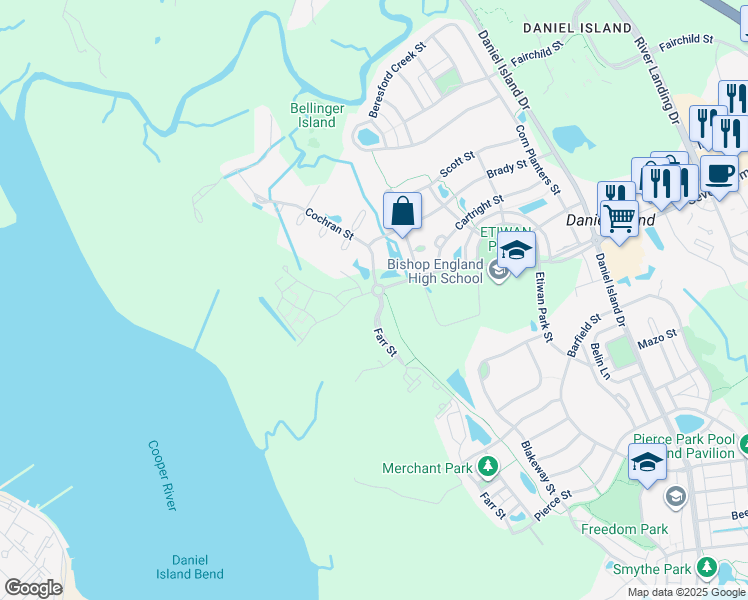 map of restaurants, bars, coffee shops, grocery stores, and more near 1 Farr Street in Charleston