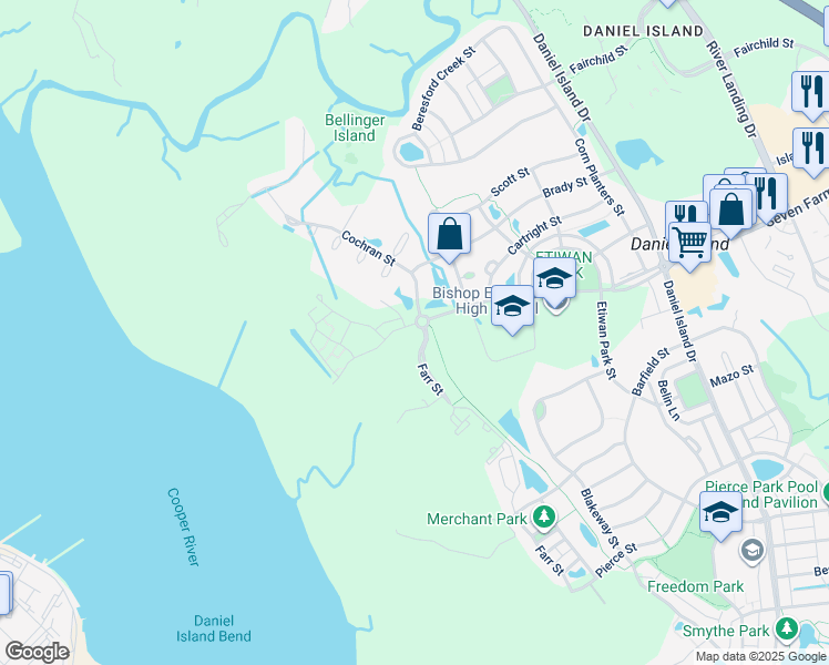 map of restaurants, bars, coffee shops, grocery stores, and more near 1 Seven Farms Drive in Charleston