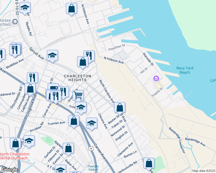 map of restaurants, bars, coffee shops, grocery stores, and more near 1815 Carlton Street in North Charleston