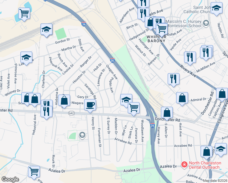 map of restaurants, bars, coffee shops, grocery stores, and more near 2674 Poplin Avenue in North Charleston