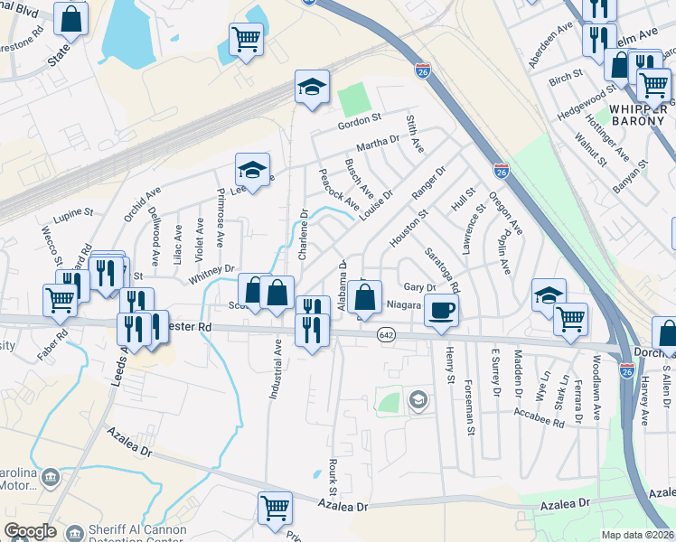 map of restaurants, bars, coffee shops, grocery stores, and more near 2863 Alabama Drive in North Charleston