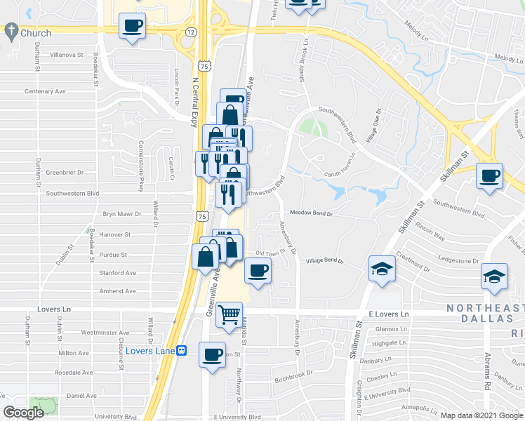 map of restaurants, bars, coffee shops, grocery stores, and more near 5657 Amesbury Drive in Dallas