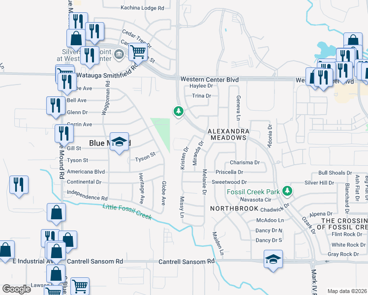 map of restaurants, bars, coffee shops, grocery stores, and more near 1929 Kristen Court in Fort Worth