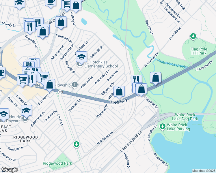 map of restaurants, bars, coffee shops, grocery stores, and more near 7223 Edgerton Drive in Dallas