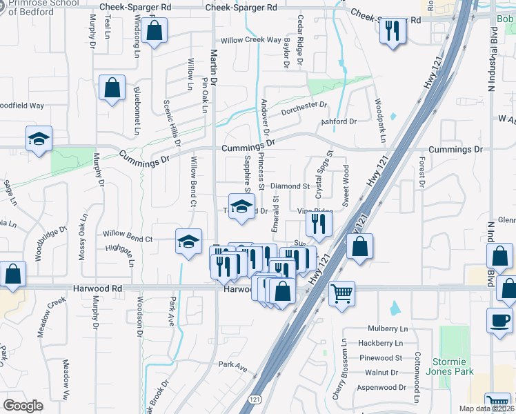 map of restaurants, bars, coffee shops, grocery stores, and more near 3201 Princess Street in Bedford