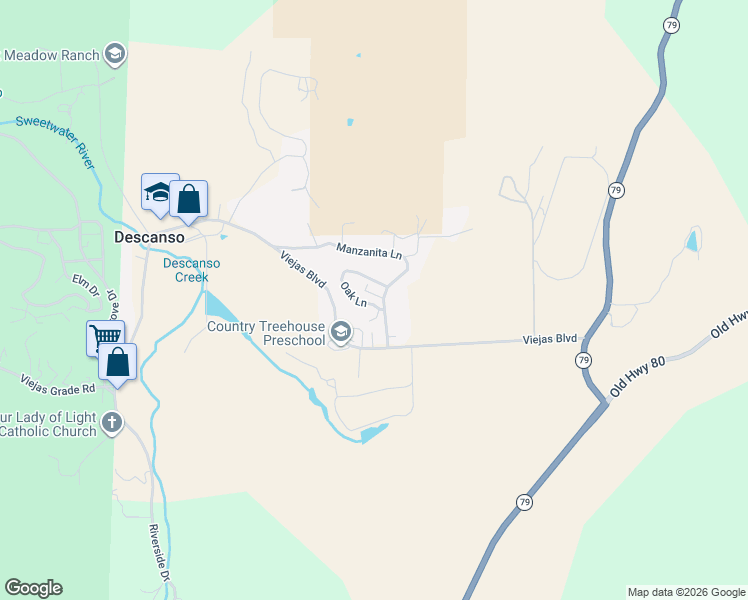map of restaurants, bars, coffee shops, grocery stores, and more near Oak Lane in Descanso