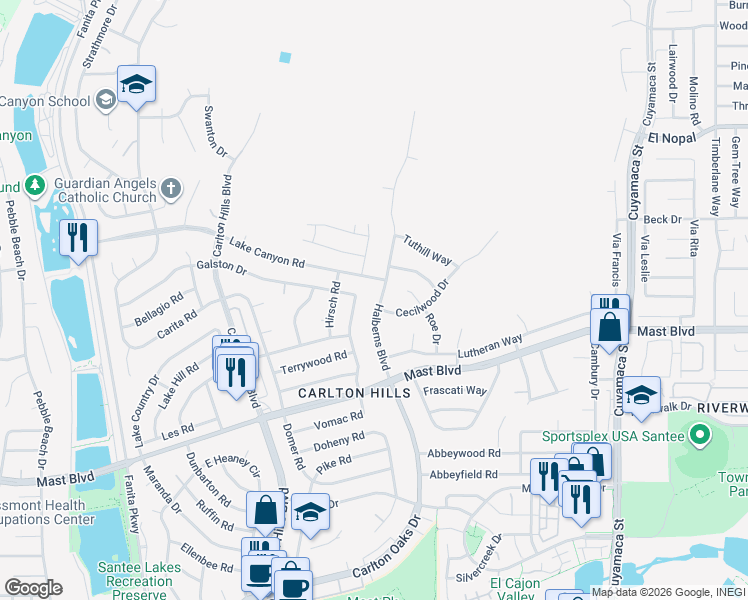map of restaurants, bars, coffee shops, grocery stores, and more near 9748 Halberns Boulevard in Santee