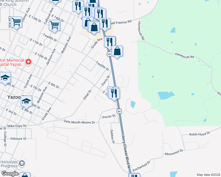map of restaurants, bars, coffee shops, grocery stores, and more near 1022 Mitchell Street in Yazoo City