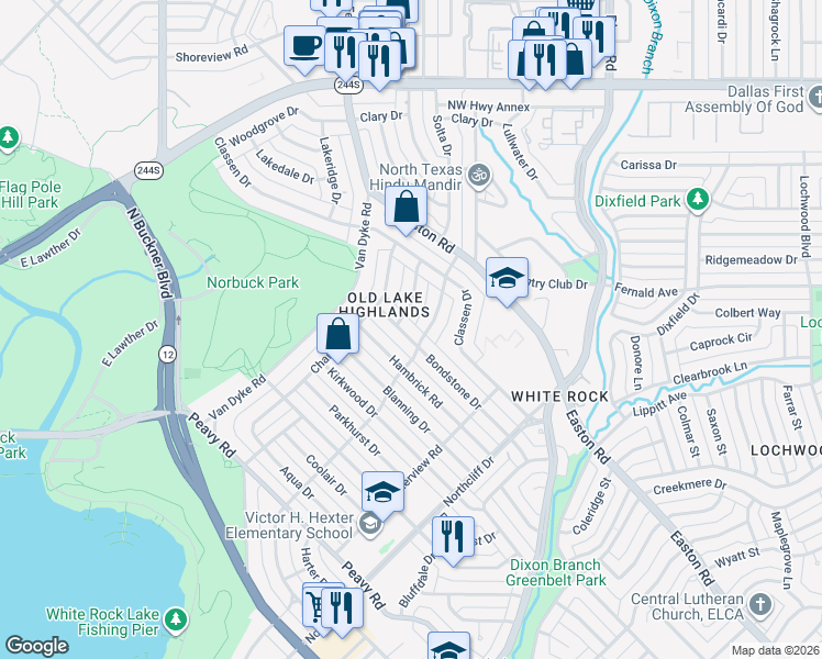 map of restaurants, bars, coffee shops, grocery stores, and more near 450 Bondstone Drive in Dallas