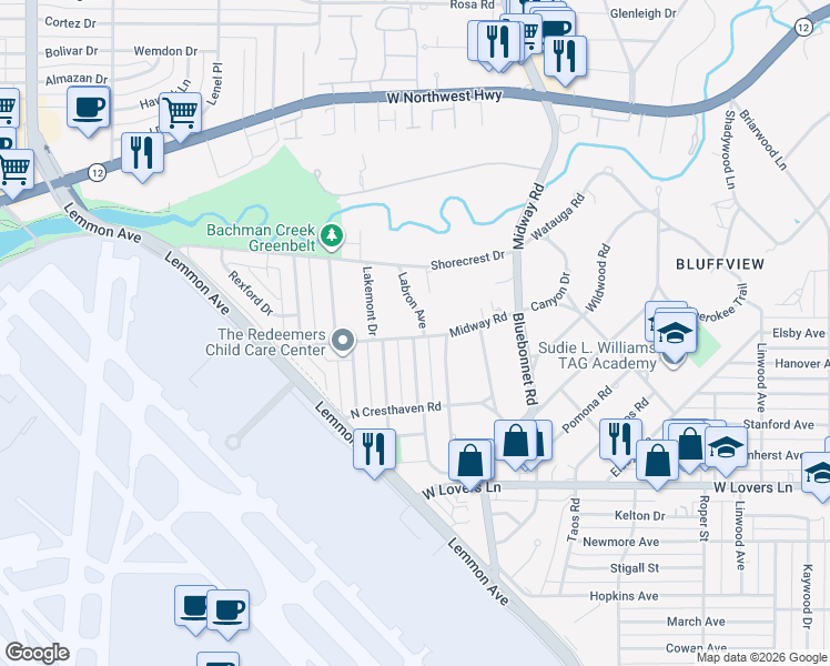 map of restaurants, bars, coffee shops, grocery stores, and more near 8527 Ridgelea Street in Dallas