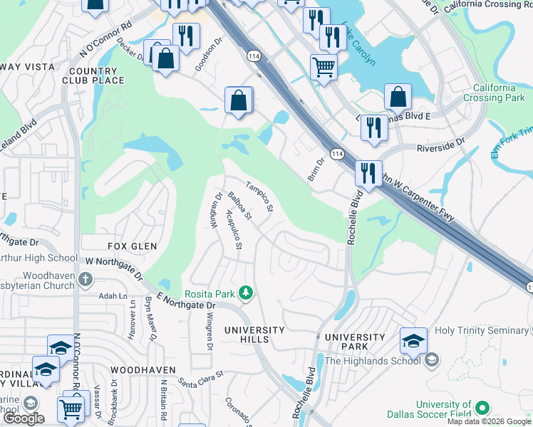 map of restaurants, bars, coffee shops, grocery stores, and more near 320 Tampico Street in Irving