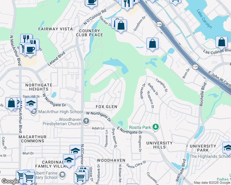 map of restaurants, bars, coffee shops, grocery stores, and more near 203 Hunt Drive in Irving