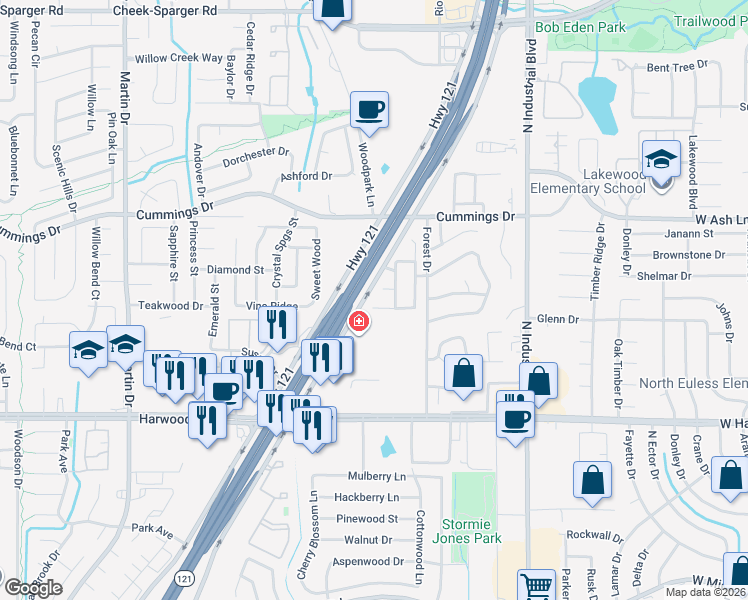 map of restaurants, bars, coffee shops, grocery stores, and more near 3600 Silverio Trail in Bedford