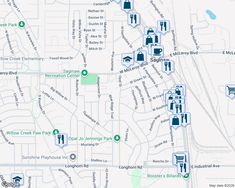 map of restaurants, bars, coffee shops, grocery stores, and more near 216 Opal Street in Saginaw