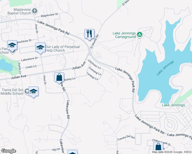 map of restaurants, bars, coffee shops, grocery stores, and more near 13658 Lenteja Lane in Lakeside