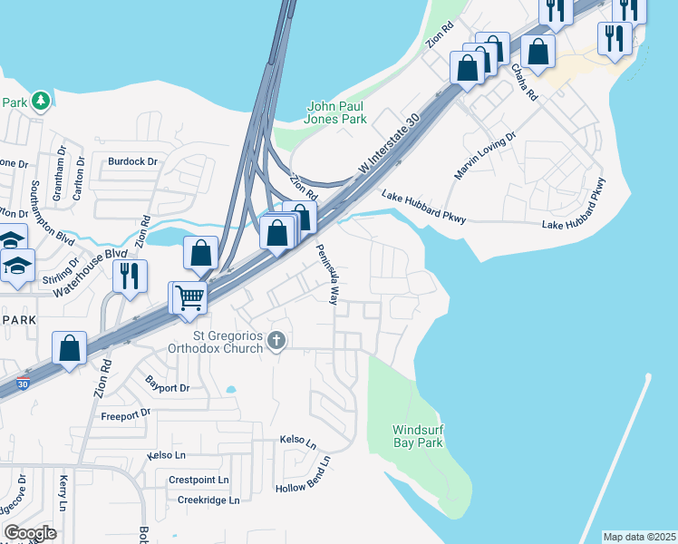 map of restaurants, bars, coffee shops, grocery stores, and more near 5402 Kingfisher Road in Garland