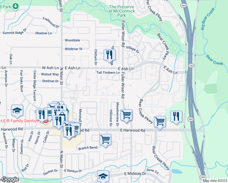 map of restaurants, bars, coffee shops, grocery stores, and more near 501 Sycamore Lane in Euless