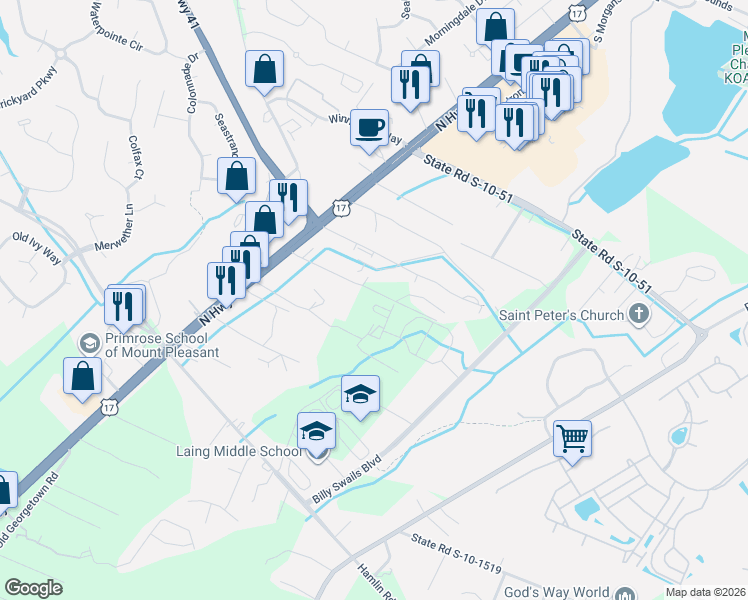 map of restaurants, bars, coffee shops, grocery stores, and more near 1162 Crystal Road in Mount Pleasant