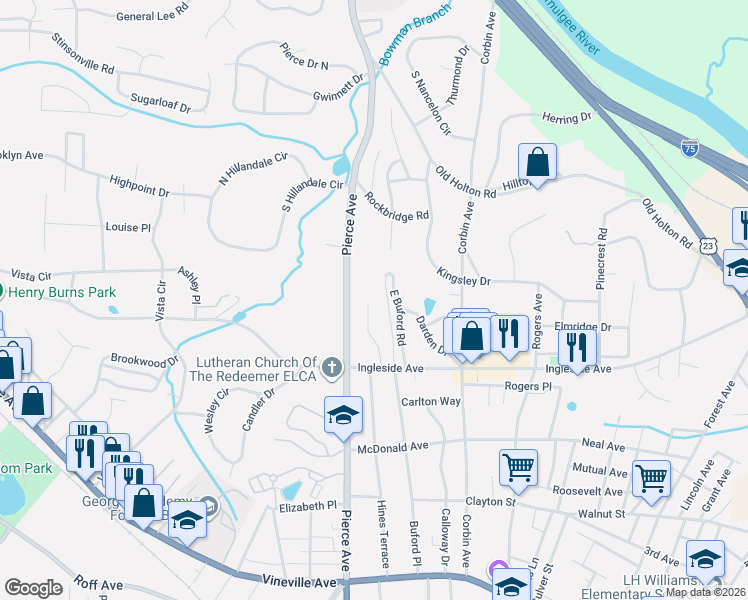 map of restaurants, bars, coffee shops, grocery stores, and more near 448 West Buford Road in Macon