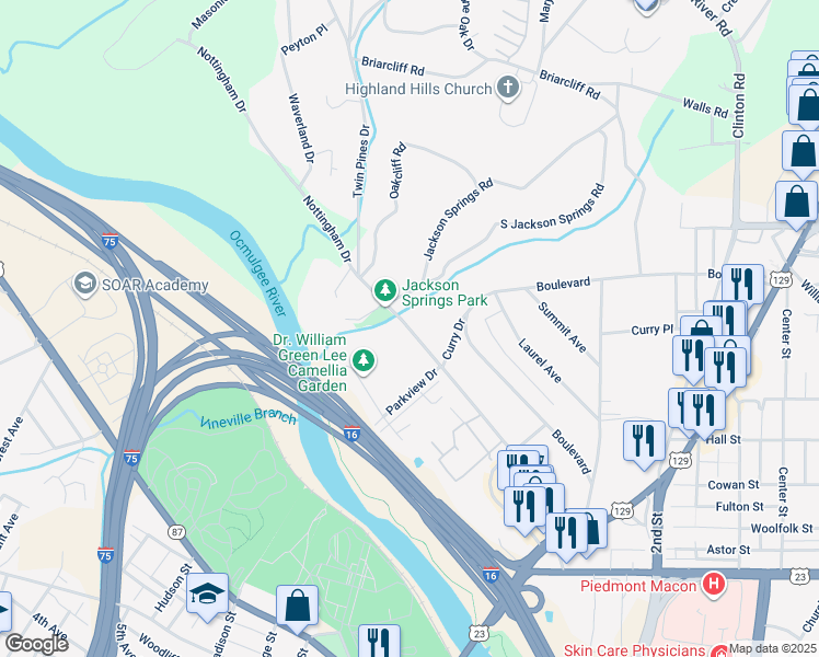 map of restaurants, bars, coffee shops, grocery stores, and more near 951 Nottingham Drive in Macon