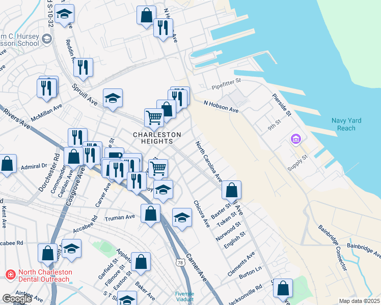 map of restaurants, bars, coffee shops, grocery stores, and more near 1826 Success Street in North Charleston