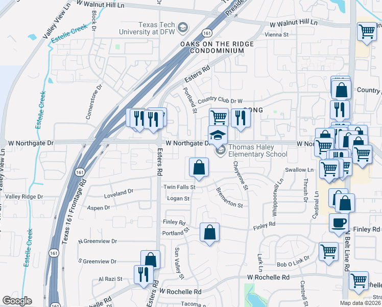 map of restaurants, bars, coffee shops, grocery stores, and more near 3529 Portland Street in Irving